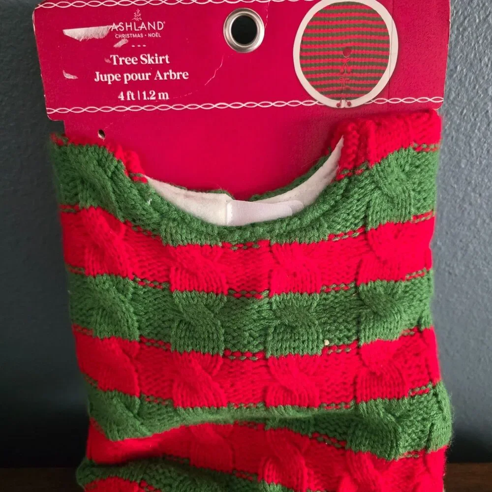 Ashland Christmas Tree Skirt 4ft Red Green Striped Cable Knit Pom Pom Ties NWT